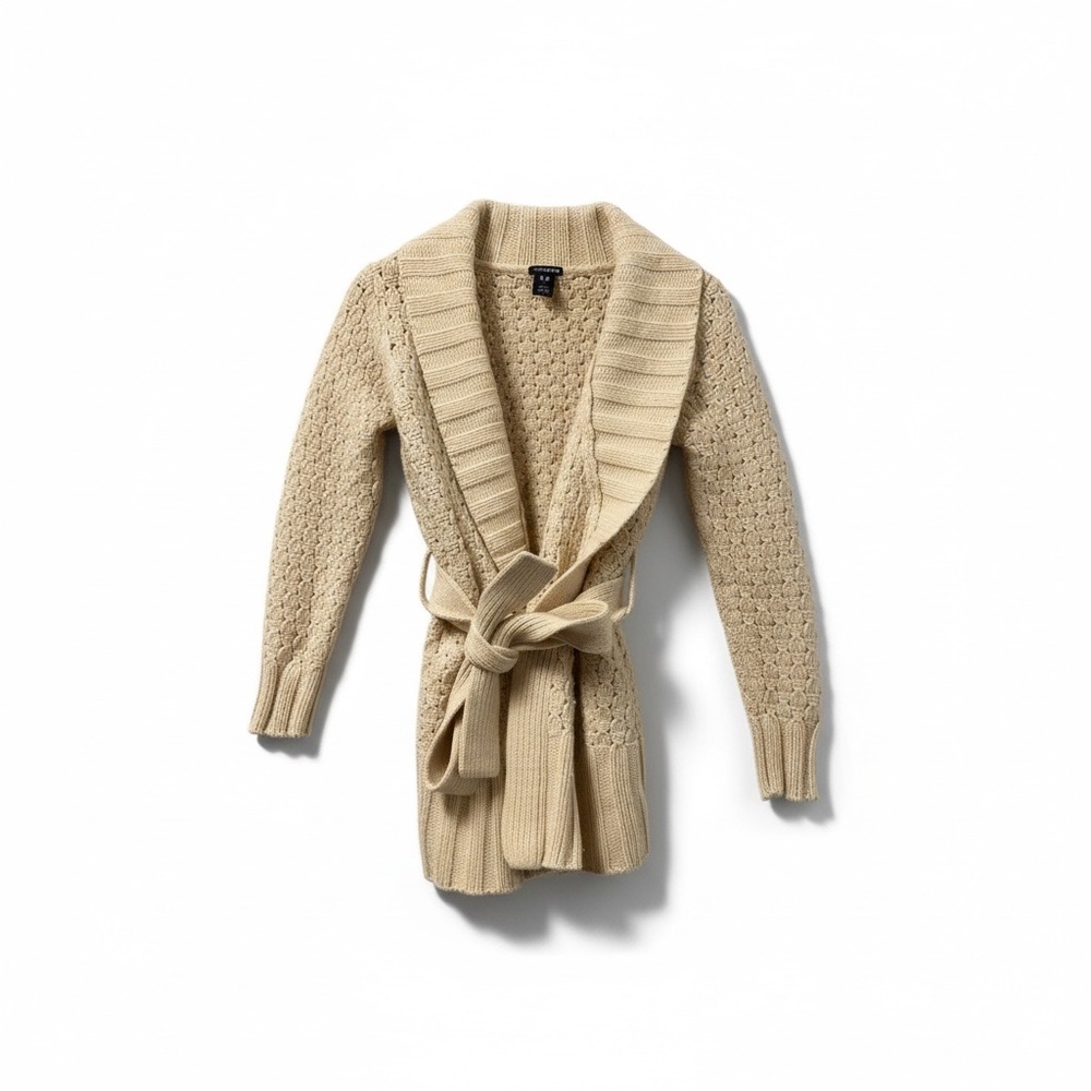 GAP Wrap Sweater Shawl Collar Sash Waist Ribbed Cream Womens Small
